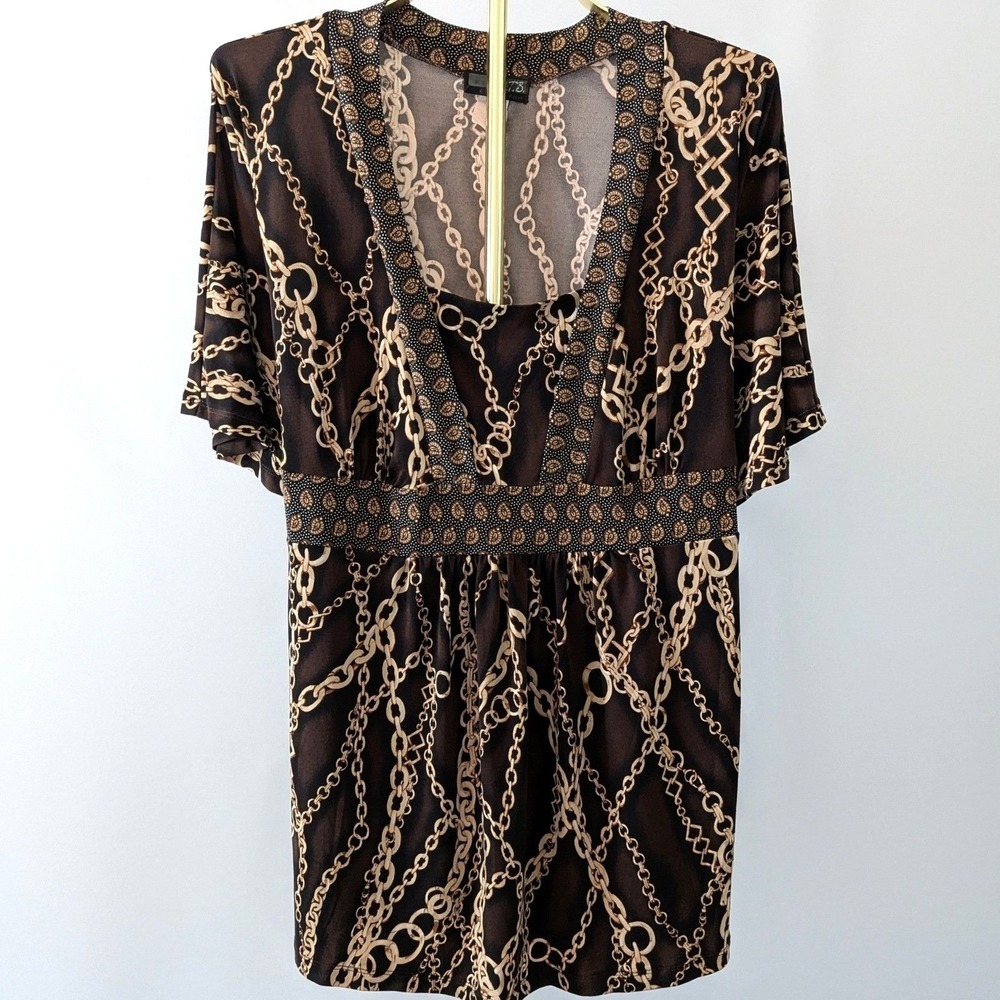 J.T.B. Woman Women Large Tunic Top Brown Chain Link Empire Waist V-Neck Blouse